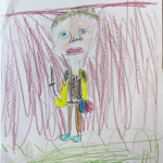 A child's drawing of a man with a sword and shield