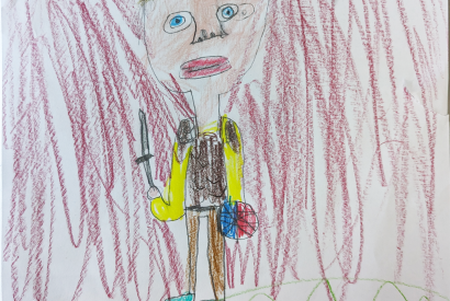 A child's drawing of a man with a sword and shield